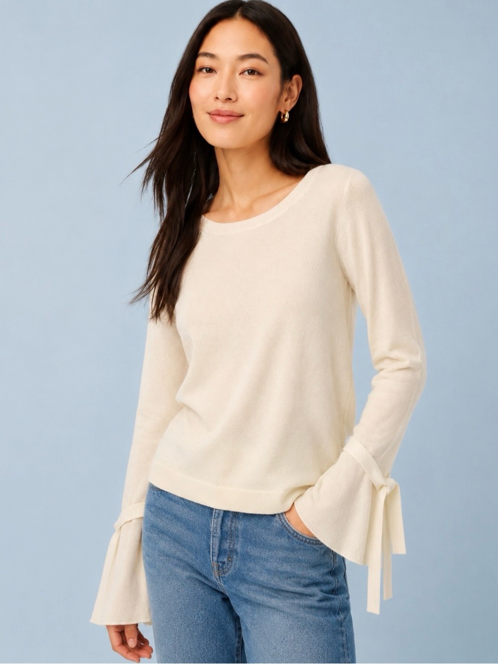 J Crew Women’s Bell Sleeve Knit‎ Sweater Size M Tie Detail 100% Cotton NWT